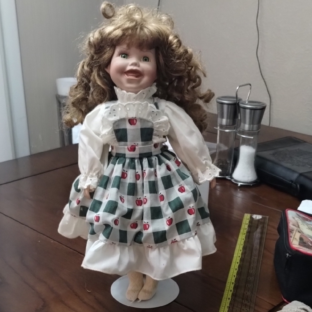 White and Green Porcelain Doll Decor Accent